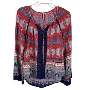 Red Camel Navy and Red Paisley Boho Bell Sleeve Blouse Size Small